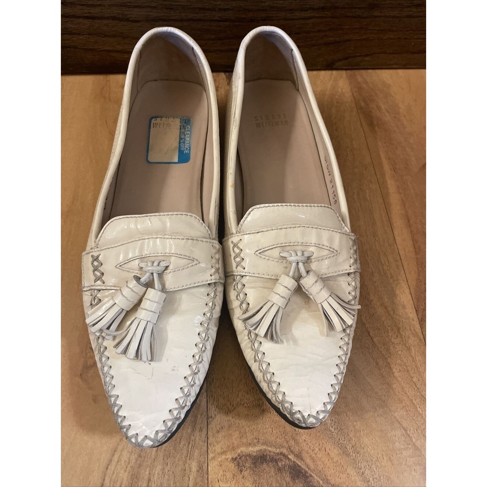 Stuart Weitzman Pointed Toe Tassel Loafer Flats White Womens 9M Patent Leather